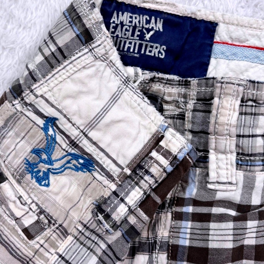American Eagle Outfitters Beige Brown Plaid Flat Front Shorts with Blue Logo